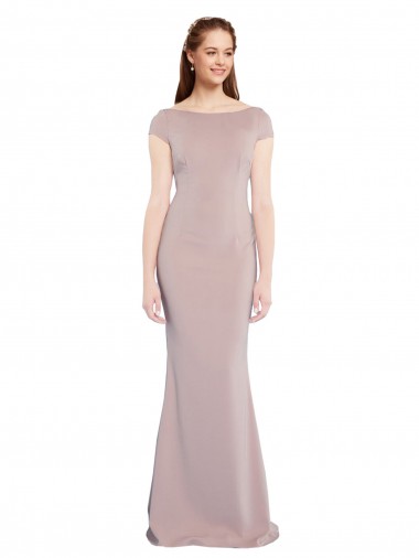 Buy Boat Neck Cap Sleeve Crepe Prom Dress with Plunging Tie Back UK