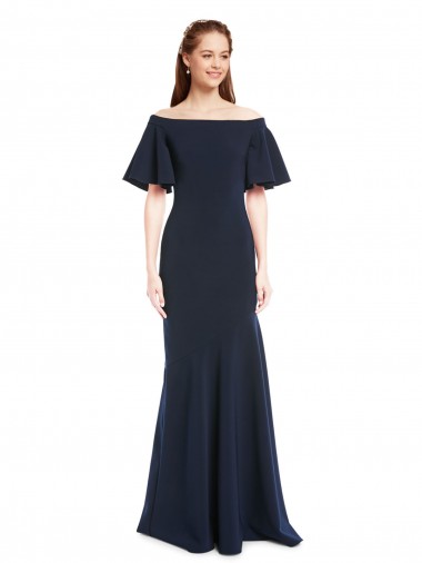 Buy Off the Shoulder Crepe Prom Dress with Short Ruffle Sleeves. UK