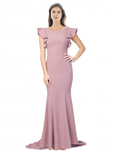 Buy Flutter Sleeves Low V-Back High Round Neck Crepe Prom Dress UK