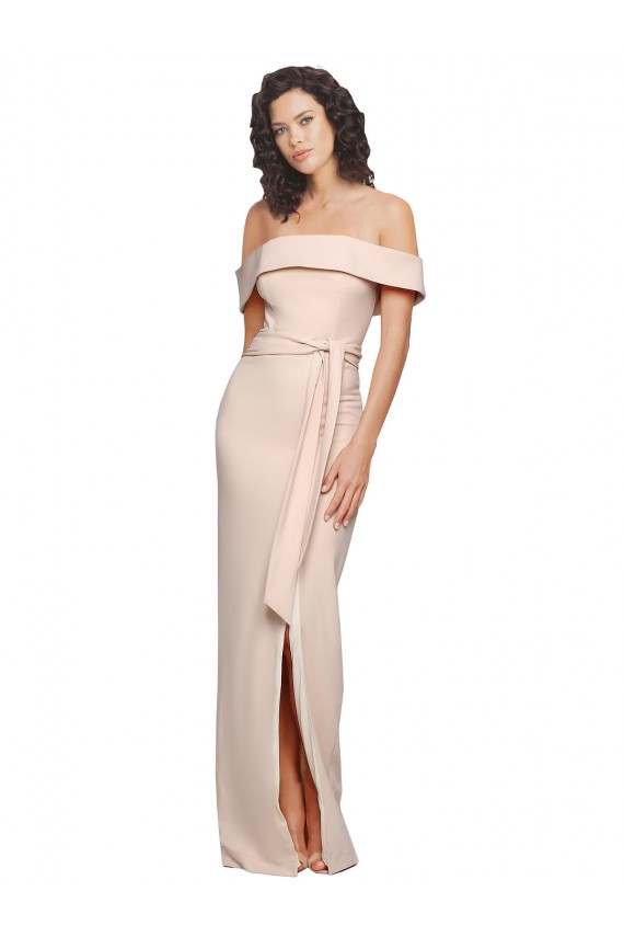 Off the Shoulder Long Crepe Prom Dress with Waist Tie and Slit