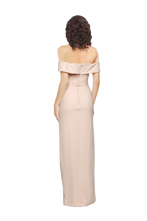 Off the Shoulder Long Crepe Prom Dress with Waist Tie and Slit