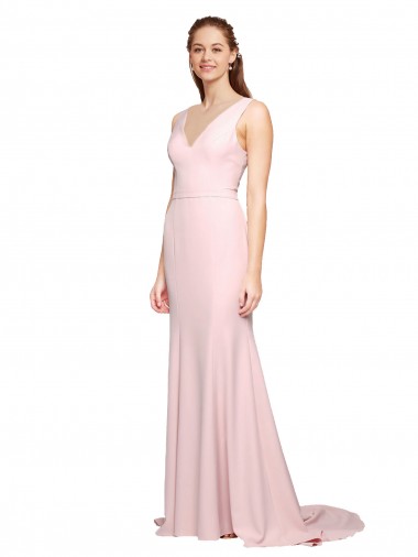 Buy Deep V-Neckline and Back Long Sweep Train Crepe Prom Dress with Shoulder Straps UK