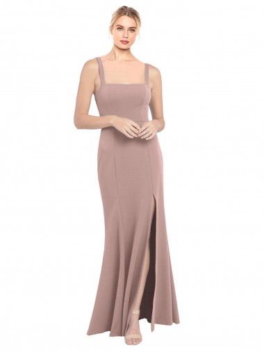 Buy Square Neck Fit and Flare Long Stretch Crepe Prom Dress with Side Slit UK