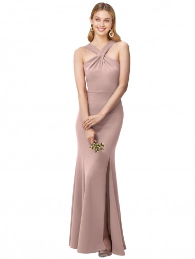 Buy Long Floor Length High Neck Fit and Flare Stretch Crepe Prom Dress with Side Slit UK