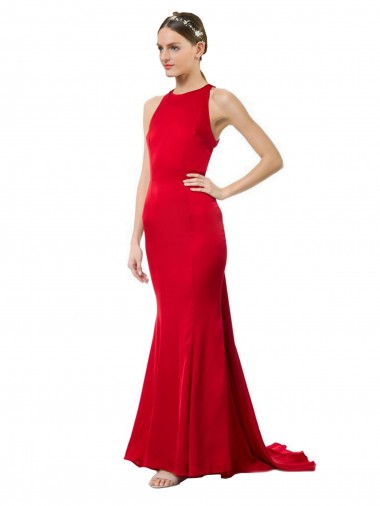 Buy High Neck Mermaid Open Back Crepe Maxi Prom Dress with Train Detail UK