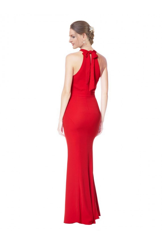 Halter Neck Keyhole Back Sleeveless Crepe Maxi Prom Dress