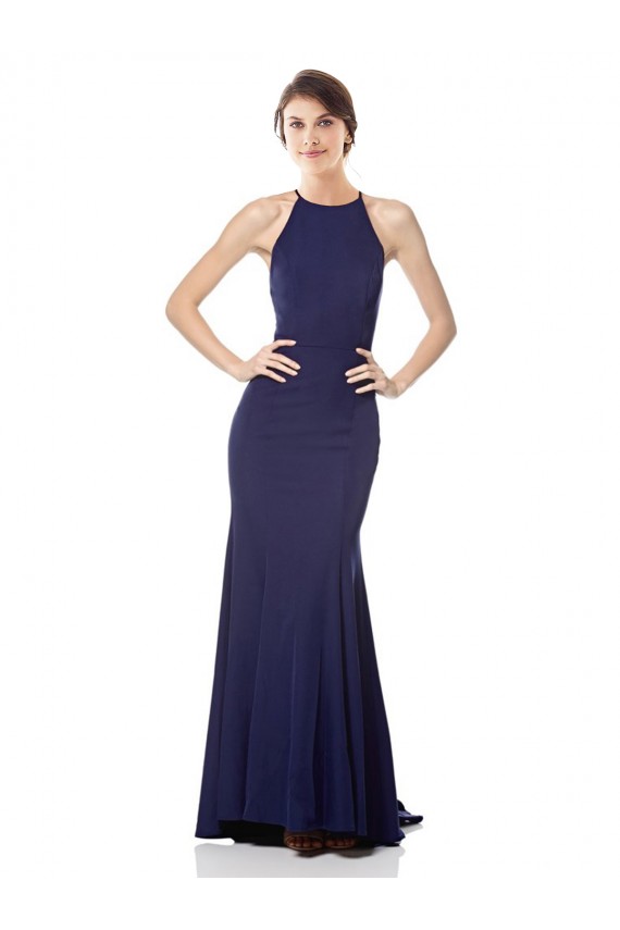 High Neck Fishtail Crepe Prom Dress with Open Back Detail