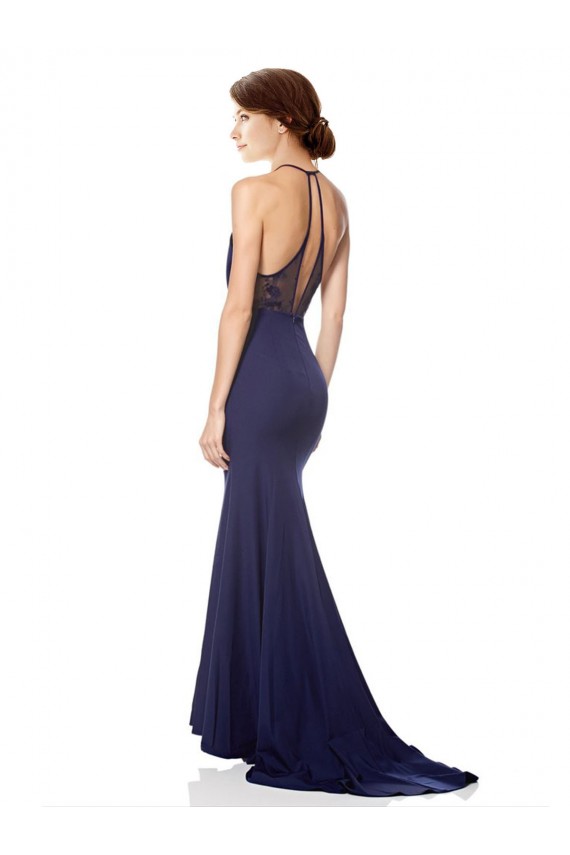 High Neck Fishtail Crepe Prom Dress with Open Back Detail