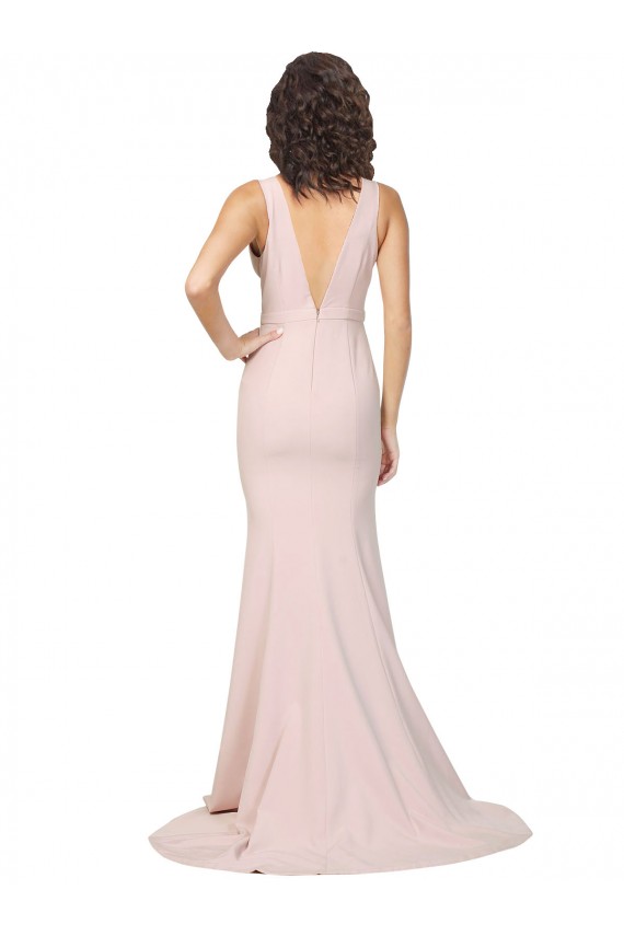 Deep Plunging V-Neckline Full Length Crepe Prom Dress with Deep V-Backline