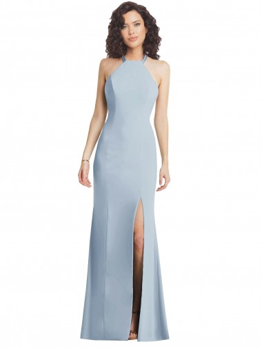 Buy High Neck Halter Crepe Prom Dress with Twist Criss Cross Back UK