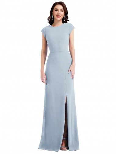 Buy Cap Sleeve Open Back Trumpet Crepe Prom Dress with Front Slit UK