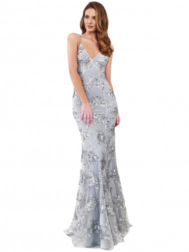 Buy Silver V-Neckline Backless Floral Patterned Sequin Prom Dress UK