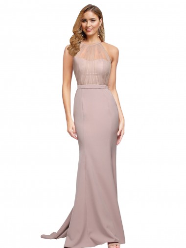 Buy Long Sweetheart Crepe Prom Dress with High Neck Illusion Tulle Details UK