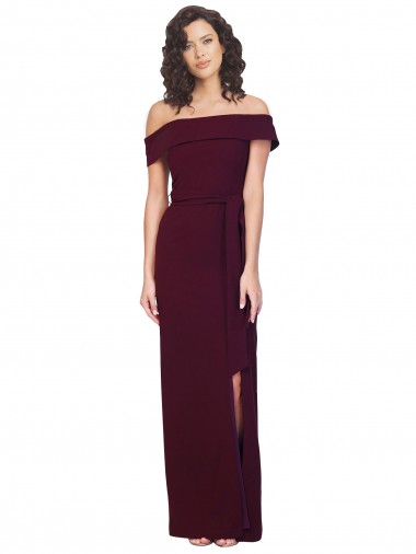 Buy Fitted Full Length Off the Shoulder Crepe Prom Dress with Side Split and Waist Tie UK