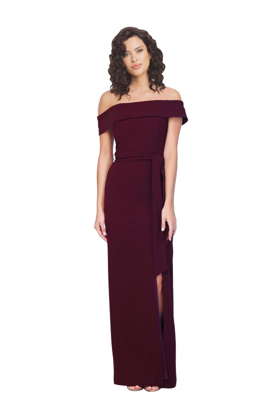 Fitted Full Length Off the Shoulder Crepe Prom Dress with Side Split and Waist Tie