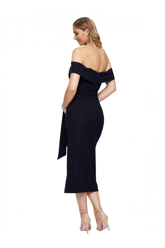 Fitted Short Midi Length Off the Shoulder Crepe Cocktail Prom Dress / Homecoming Dress with Side Split and Waist Tie