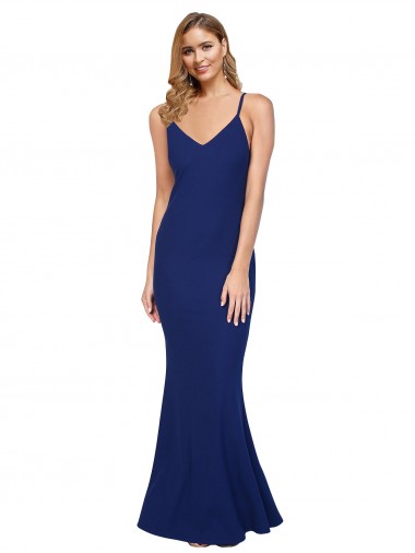 Buy Full Length V-Neckline Crepe Prom Dress with Thin Straps and Fulted Skirt UK