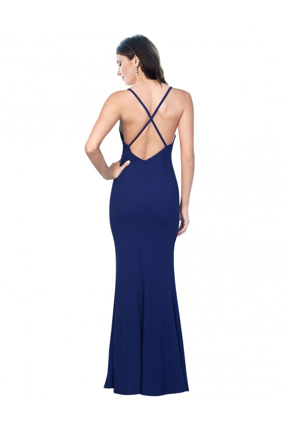 Full Length V-Neckline Crepe Prom Dress with Thin Straps and Fulted Skirt