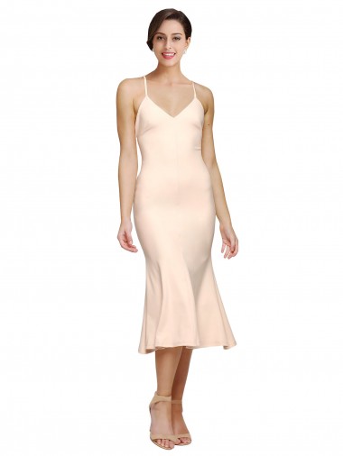 Buy Midi Length V-Neckline Crepe Cocktail Prom Dress / Homecoming Dress with Thin Straps and Fulted Skirt UK