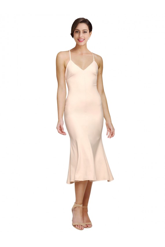 Midi Length V-Neckline Crepe Cocktail Prom Dress / Homecoming Dress with Thin Straps and Fulted Skirt