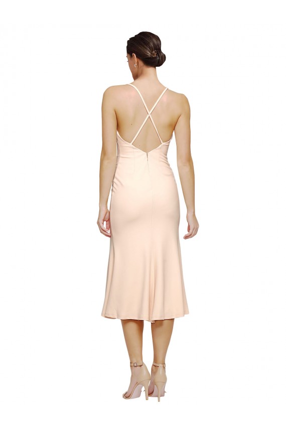 Midi Length V-Neckline Crepe Cocktail Prom Dress / Homecoming Dress with Thin Straps and Fulted Skirt