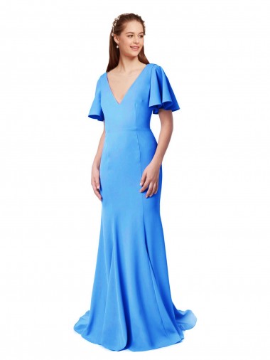 Buy Short Sleeves Long V-Neck Crepe Prom Dress with V-Back UK