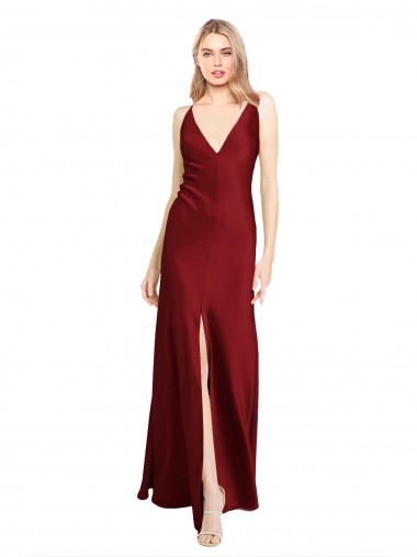 Buy Floor Length Deep V-Back Stretch Satin Prom Dress with Front Slit UK