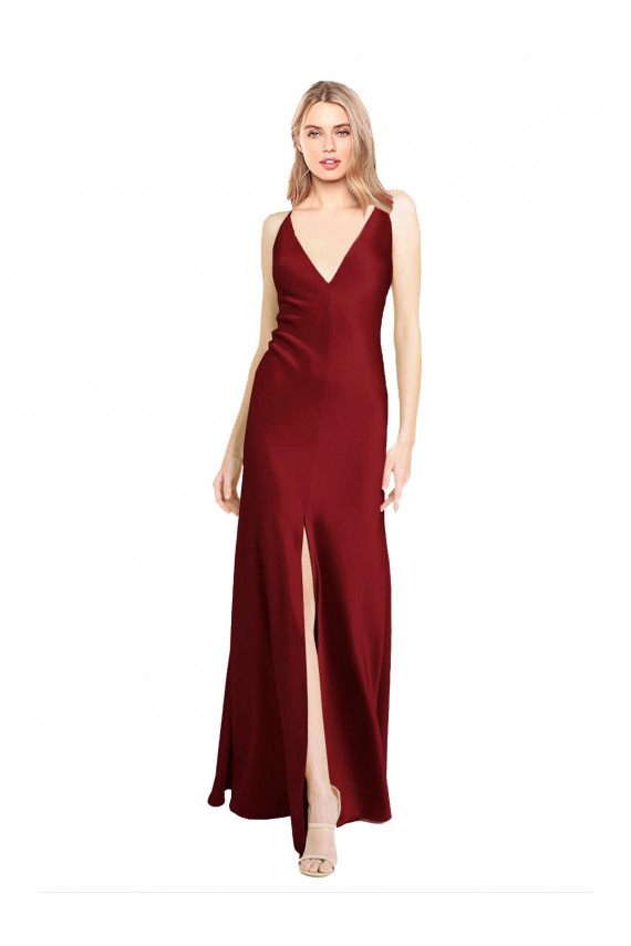 Floor Length Deep V-Back Stretch Satin Prom Dress with Front Slit