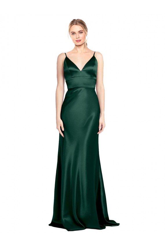 High V-Neck Long Full Length Sheath Stretch Satin Prom Dress