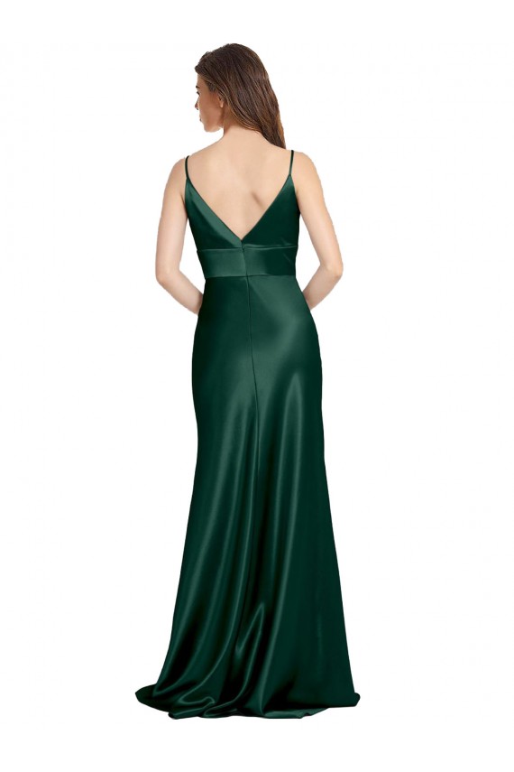 High V-Neck Long Full Length Sheath Stretch Satin Prom Dress