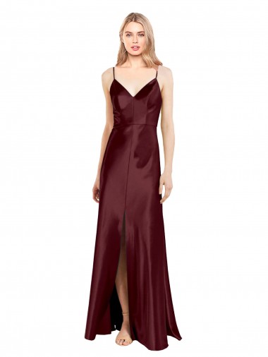 Buy Sleek Spaghetti Straps V-Neck Stretch Satin Prom Dress with Center Front Slit UK