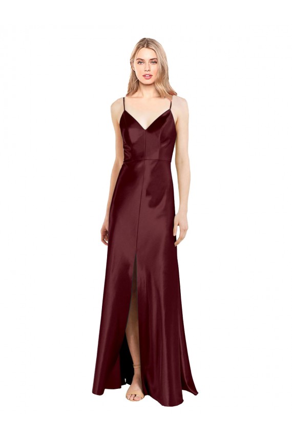 Sleek Spaghetti Straps V-Neck Stretch Satin Prom Dress with Center Front Slit