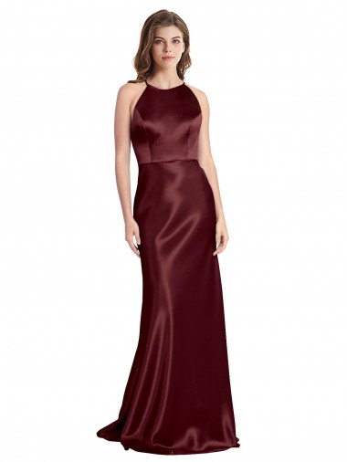 Buy High Neck Halter Long Sleeveless Stretch Satin Prom Dress with Strappy Back UK