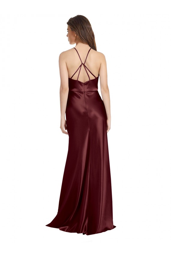 High Neck Halter Long Sleeveless Stretch Satin Prom Dress with Strappy Back