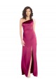 Sleek One Shoulder A-Line Long Stretch Satin Prom Dress with Spaghetti Straps Back