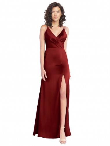 Buy Faux Surplice Neckline Long Slim A-Line Stretch Satin Prom Dress UK