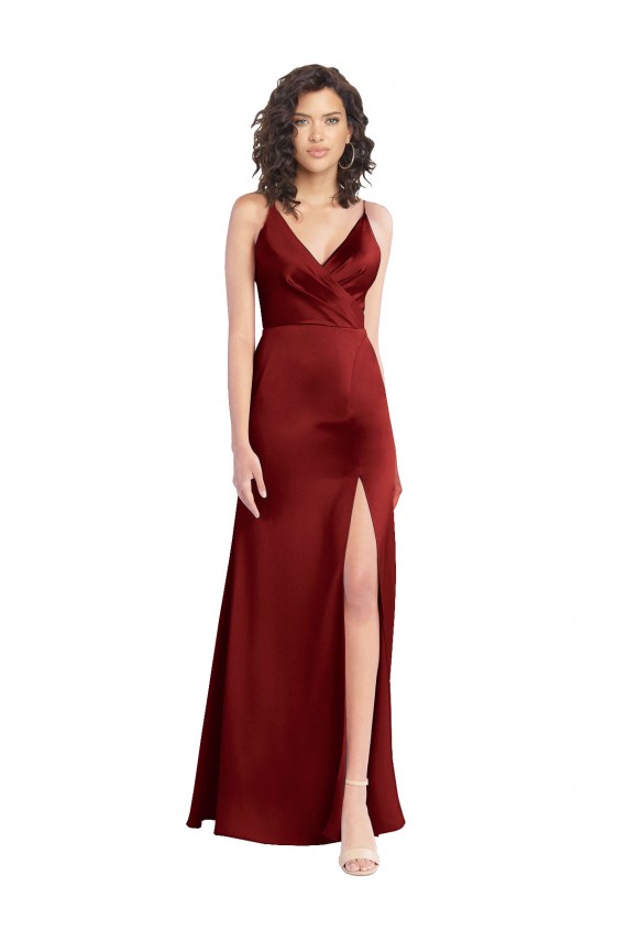 Faux Surplice Neckline Long Slim A-Line Stretch Satin Prom Dress