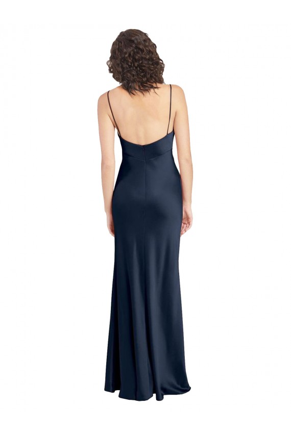 Cowl Neck Long Empire Waist Stretch Satin Prom Dress with Open Back