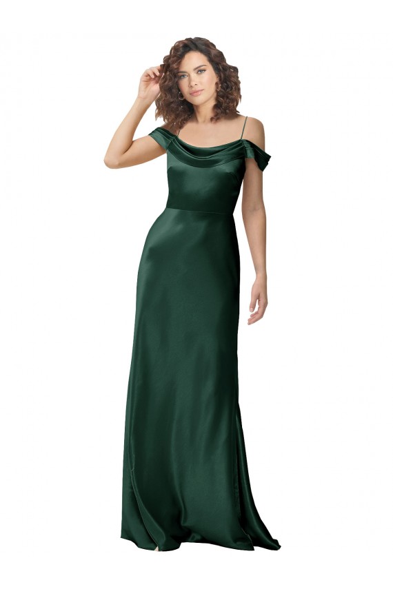 Off the Shoulder Sleeves Long Stretch Satin Prom Dress with Pleated Draped Neckline