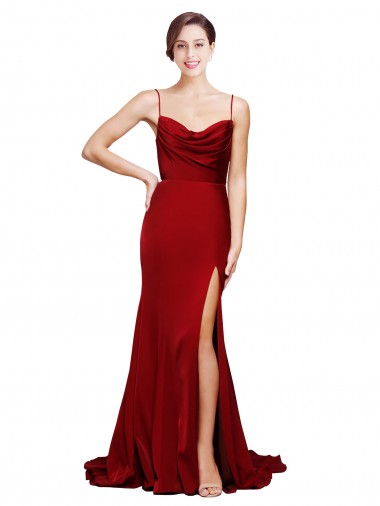 Buy Cowl Front Neck Sweep Train Stretch Satin Prom Dress with High Side Split UK