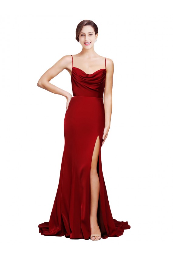 Cowl Front Neck Sweep Train Stretch Satin Prom Dress with High Side Split