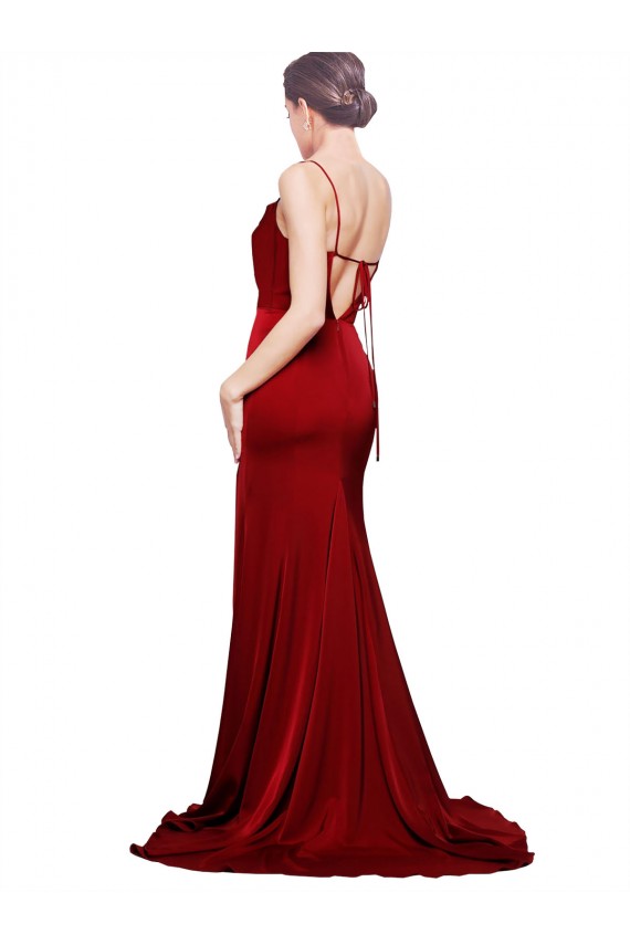 Cowl Front Neck Sweep Train Stretch Satin Prom Dress with High Side Split