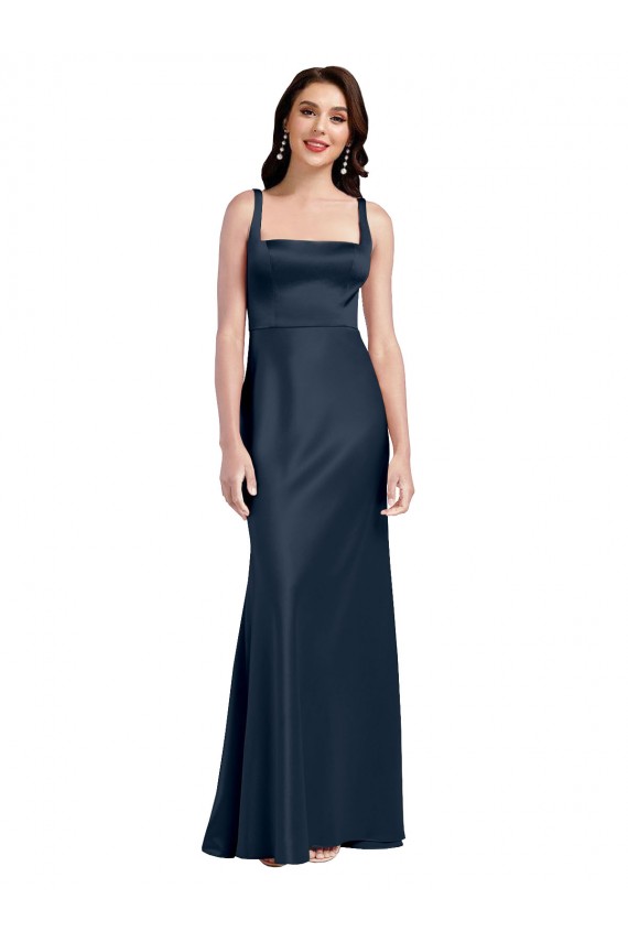 Square Neck A-Line Long Stretch Satin Prom Dress with Wide Straps