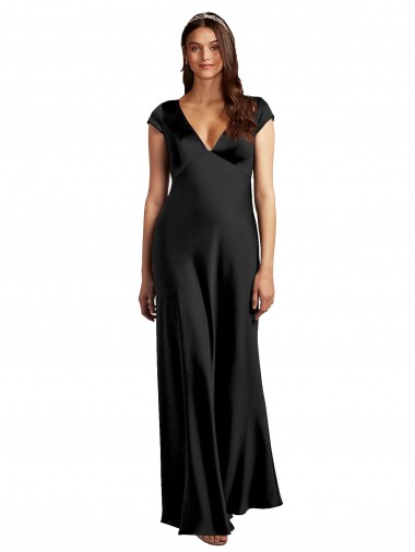 Buy Plunging V-Neck Cap Cleeves Long Stretch Satin Prom Dress with Keyhole Back UK