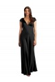 Plunging V-Neck Cap Cleeves Long Stretch Satin Prom Dress with Keyhole Back