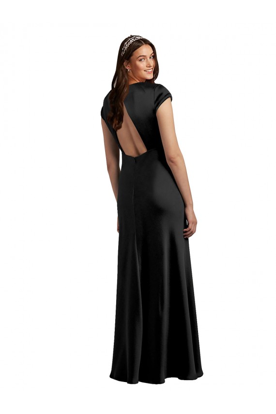 Plunging V-Neck Cap Cleeves Long Stretch Satin Prom Dress with Keyhole Back