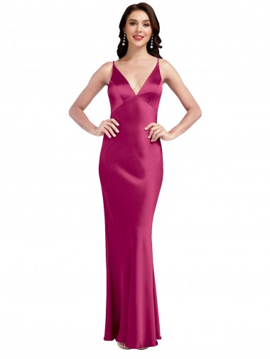 Buy V-Neck Spaghetti Straps Slim Stretch Satin Prom Dress with Low Scoop Back UK