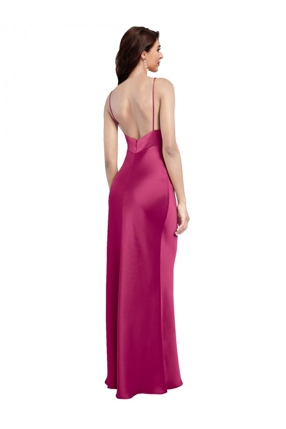 V-Neck Spaghetti Straps Slim Stretch Satin Prom Dress with Low Scoop Back