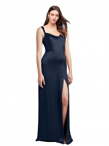 Buy Cowl Neck Soft Long Stretch Satin Prom Dress with Side Slit and Pleated Straps UK