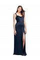 Cowl Neck Soft Long Stretch Satin Prom Dress with Side Slit and Pleated Straps